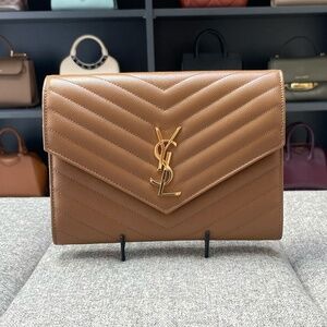 SAINT LAURENT Matelasse Cassandrea Wristlet/Clutch in Caramel Brown